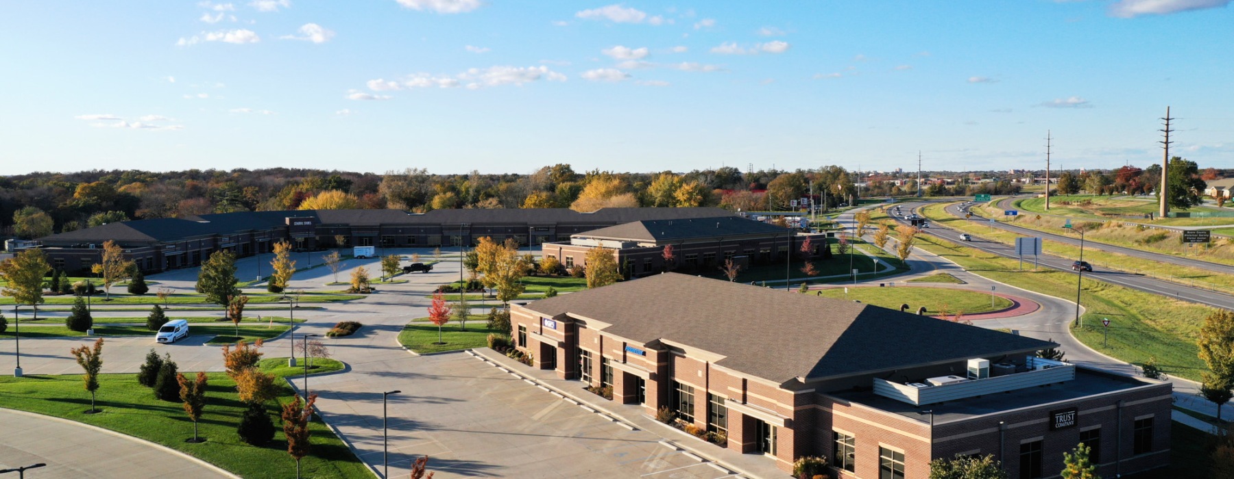 Overhead view of commerical buildings at Discovery