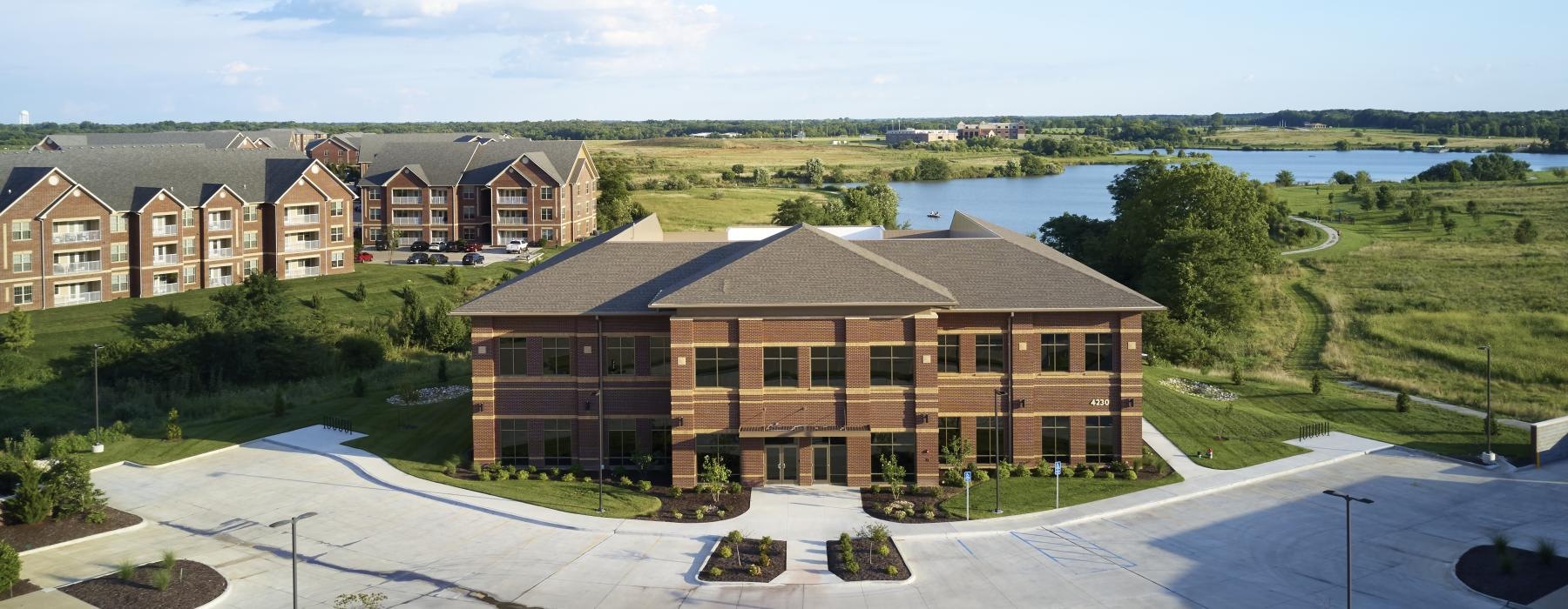 a building with a parking lot
