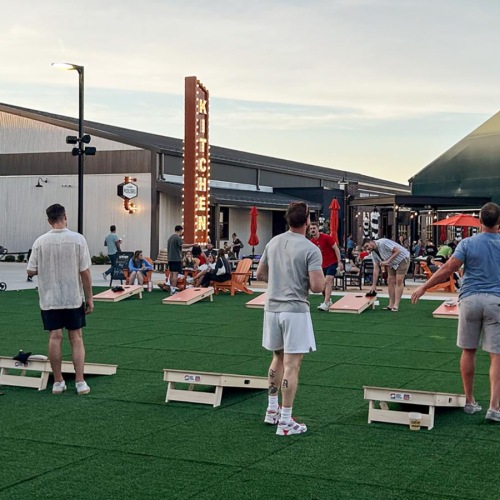 a group of people standing on a grass area playing corn hole